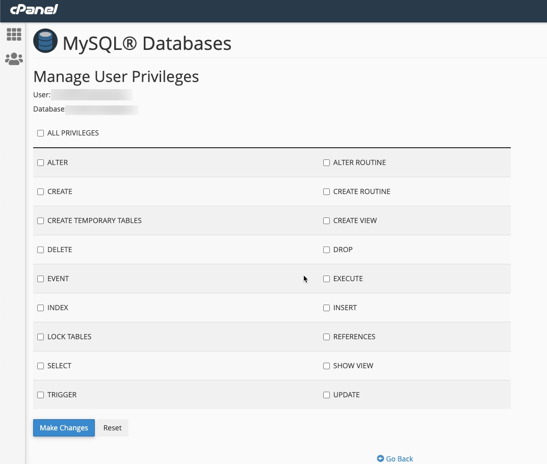 Assign user privileges for database