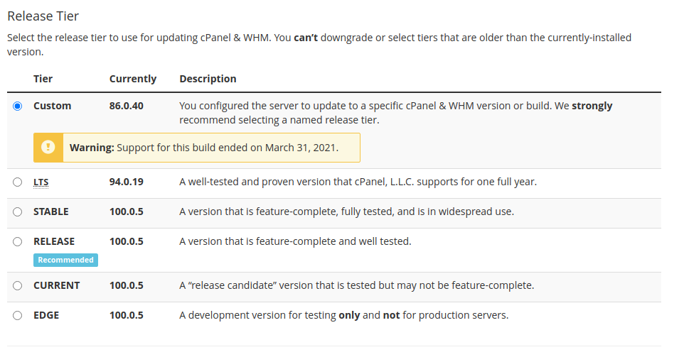 WHM update preferences, release tier