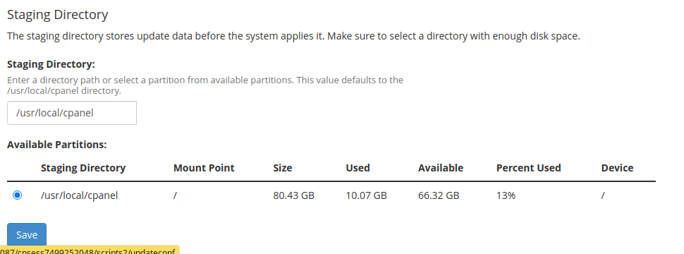 WHM update staging directory