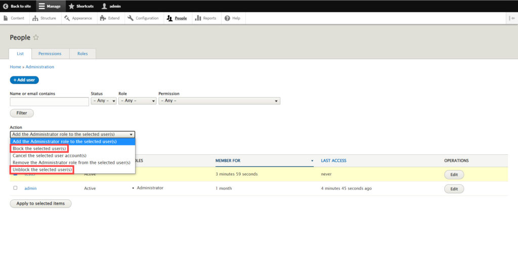 Use the Action List in Drupal to Block or Unblock Users