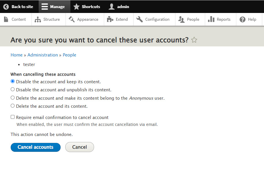 Cancel User account options