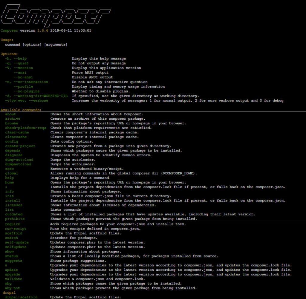 list of all the composer commands using a terminal