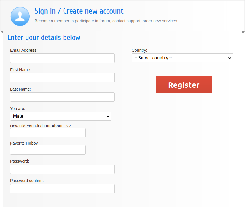 Custom BoxBilling registration form