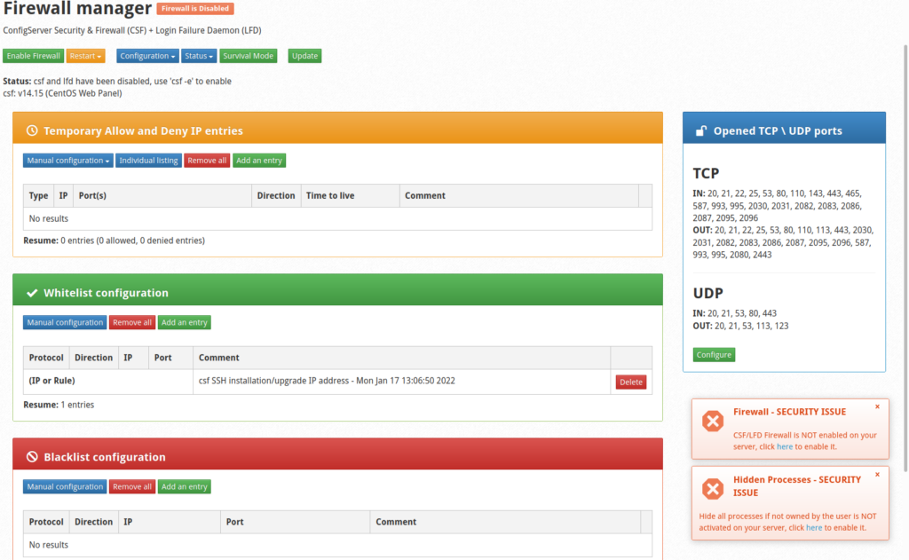 ConfigServer Security & Firewall disabled