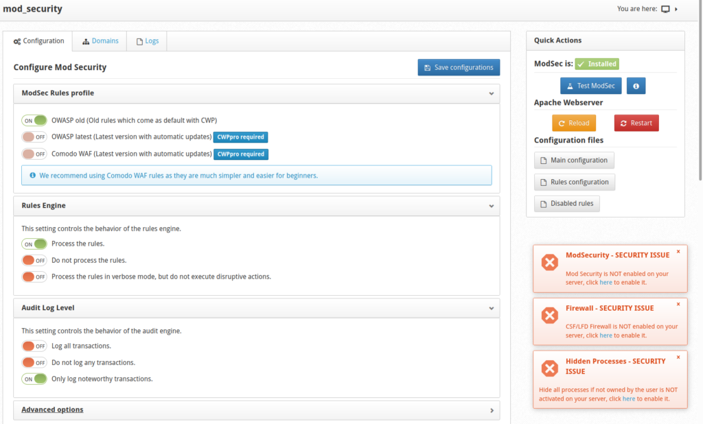 ModSecurity settings