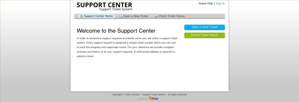 osTicket Support Center homepage