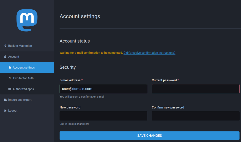 Account settings with confirmation pending