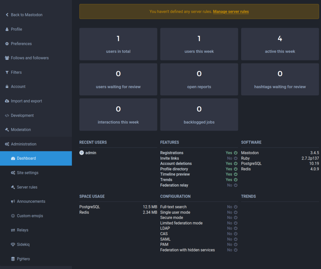 Mastodon administration dashboard