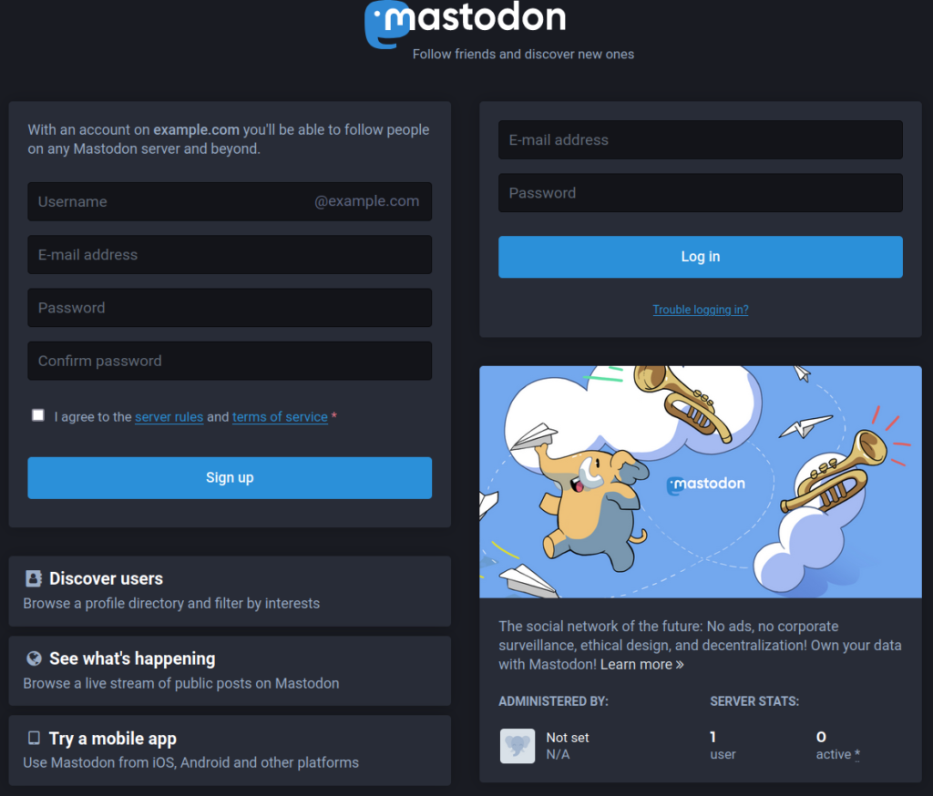 Mastodon registration and login page
