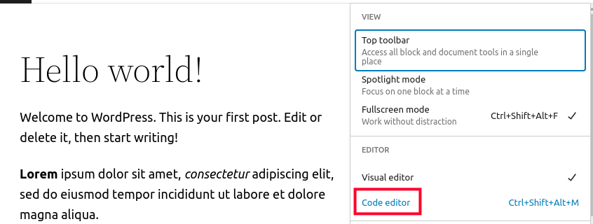 Accessing the Page/Post Code Editor