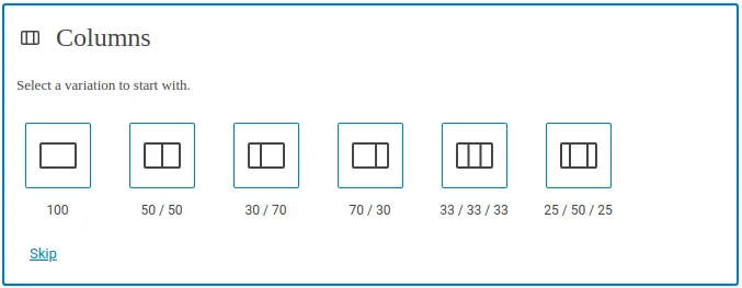 Column selection in Gutenberg editor.