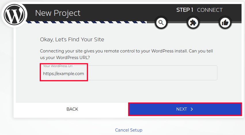 Entering Your WordPress URL For the Site You Want to Manage
