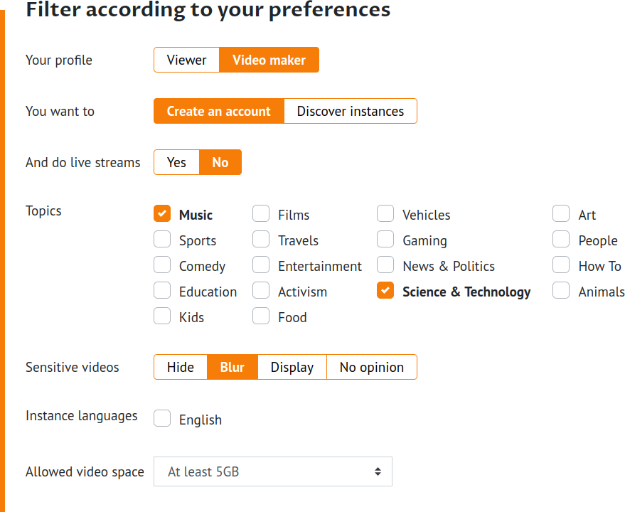 PeerTube instances filter