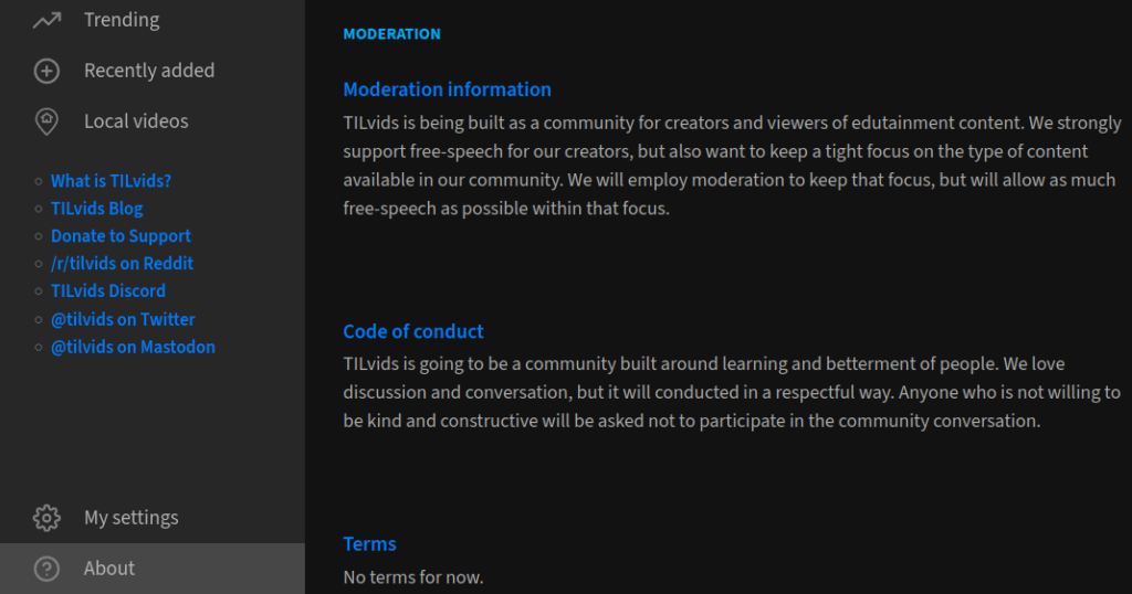 PeerTube TILvids code of conduct and terms
