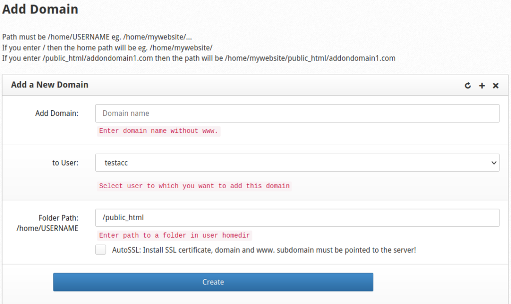 Create a domain under an existing CWP user