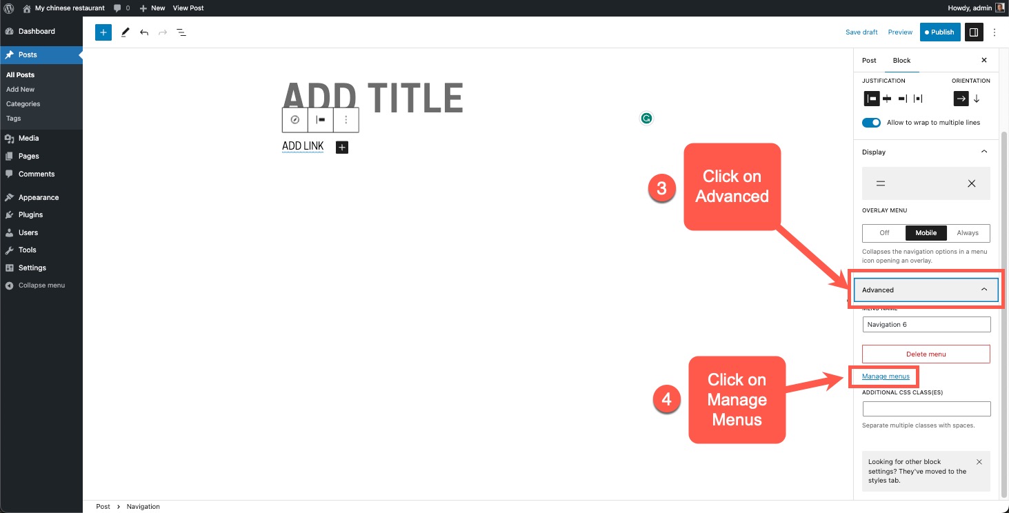 Click on Advanced to manage menus