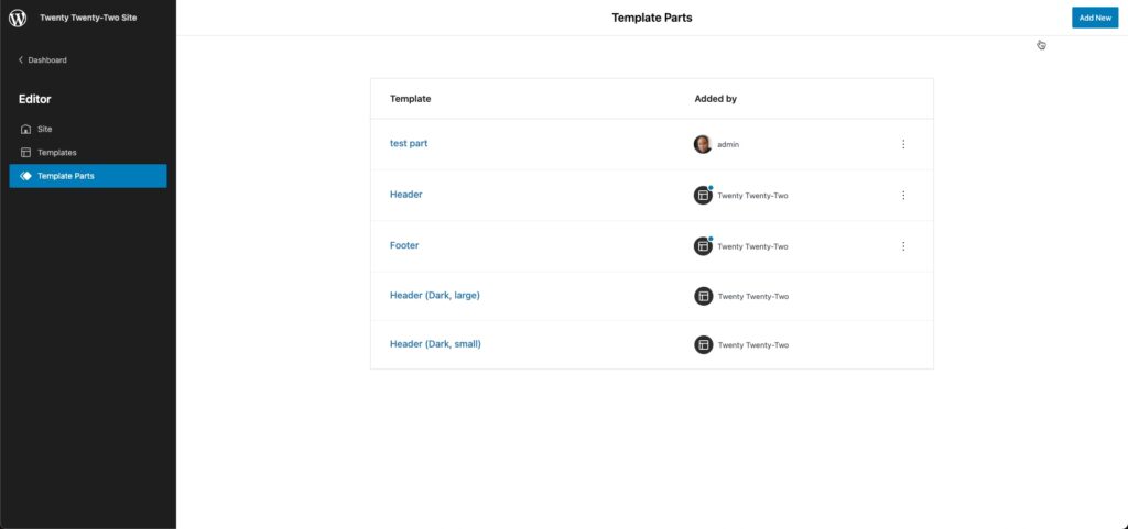 Template Parts page