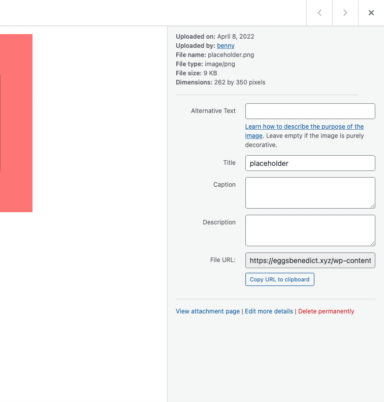 fields visible to fill in data after clicking on an image in the WordPress media library