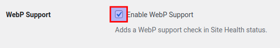 Enabling WebP support check module in the performance settings
