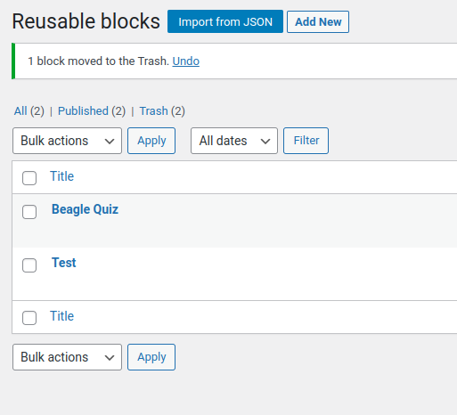 The manage reusable blocks screen