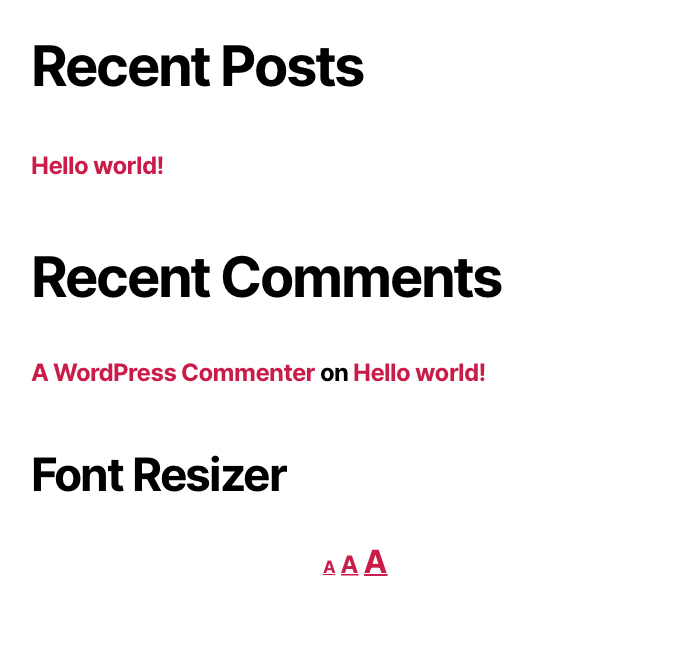 headers of a sample WordPress page, with the Zeno Font Resizer visible at the bottom