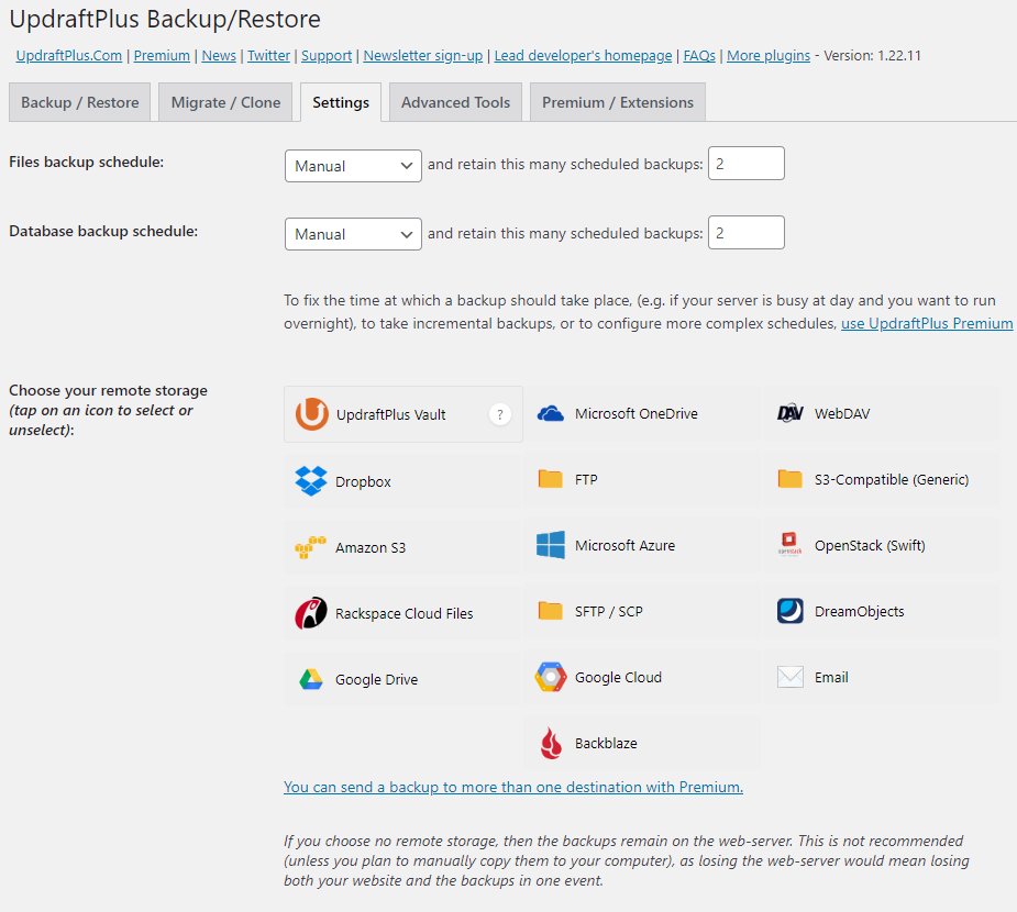 UpdraftPlus Settings