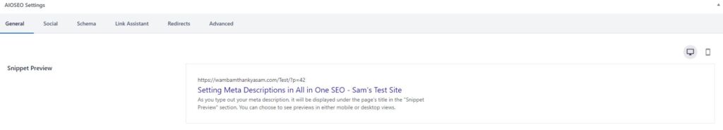 To preview the desktop version of a meta description, simply click on the icon that looks like a desktop monitor. For a mobile preview, click on the smartphone/tablet icon. 