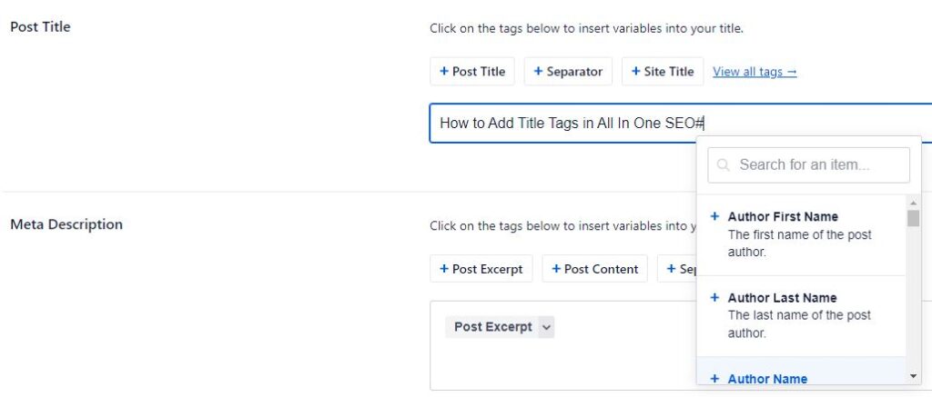 These smart tags can be added by selecting a tag from the options provided above the Post Title box, or by clicking on the View all tags link. Additionally, you can also type the hash character ( # ) in the Post Title field to display a list of available tags you can choose from.