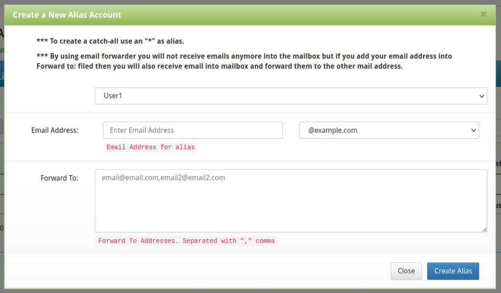 Create a new email alias in CWP