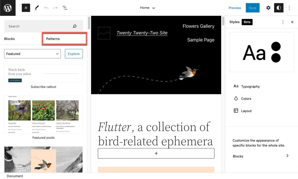 Accessing patterns in the site editor in the Twenty Twenty-two theme