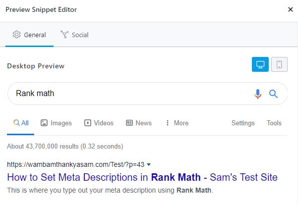 This is what a desktop preview of a meta description looks like in Rank Math.