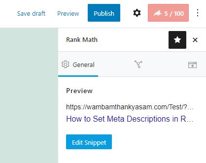 The first option to preview a meta description in Rank Math is shown directly in the preview section under the General tab.