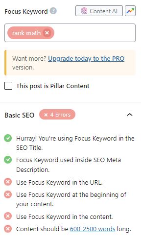 If you are using your focus keyword in your meta description, Rank Math will display a green checkmark.