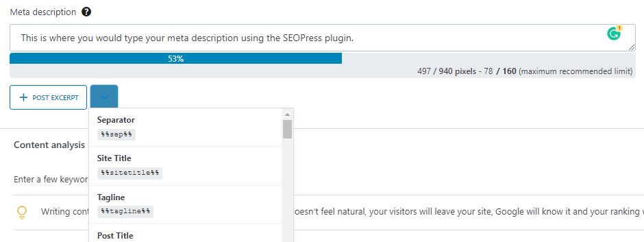 Another way you can manage and edit your meta descriptions in SEOPress is by using variables. The plugin offers 50 dynamic variables for you to choose from.              