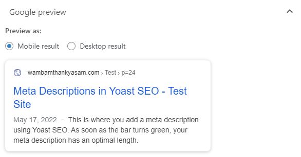 Yoast SEO meta descriptions can be previewed as either a mobile or desktop result.