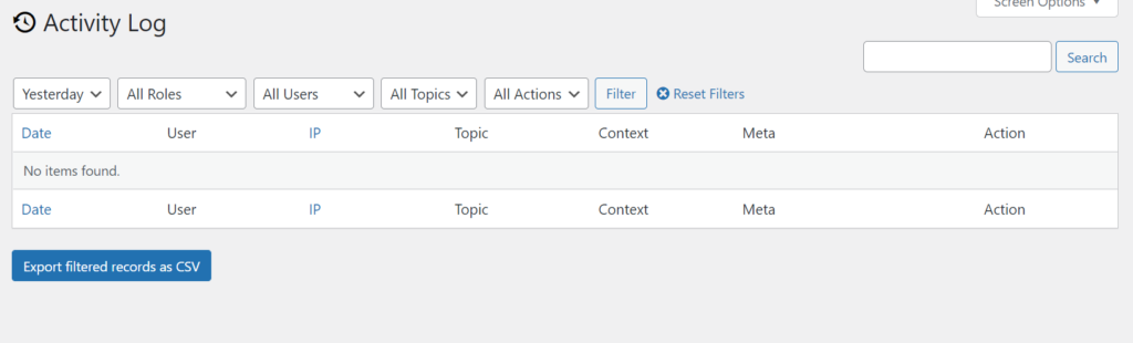 Screenshot of Activity Log data on WordPress 