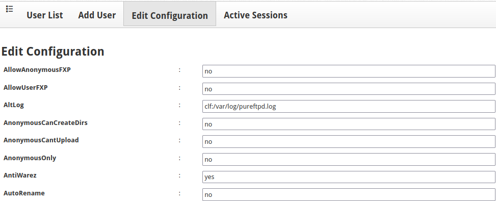 Edit FTP configuration