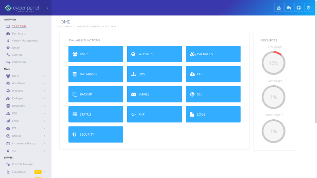 CyberPanel dashboard