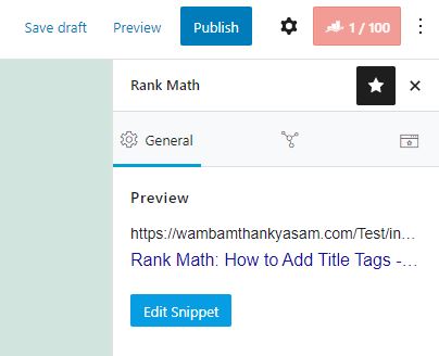The first option to preview a title tag in Rank Math is shown directly in the preview section under the General tab. 