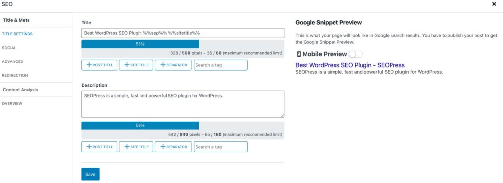 SEOPress allows you to edit your title tags and meta descriptions from right within a page or post and features 50 dynamic variables to make editing those items even quicker and easier. 