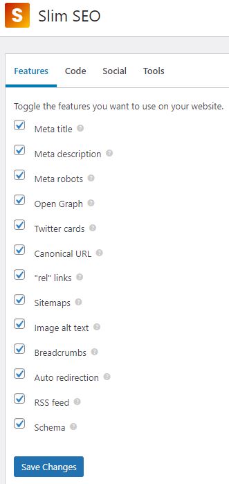 The Slim SEO Features tab gives you the option to toggle on or off all of the features you want to use on your website. 