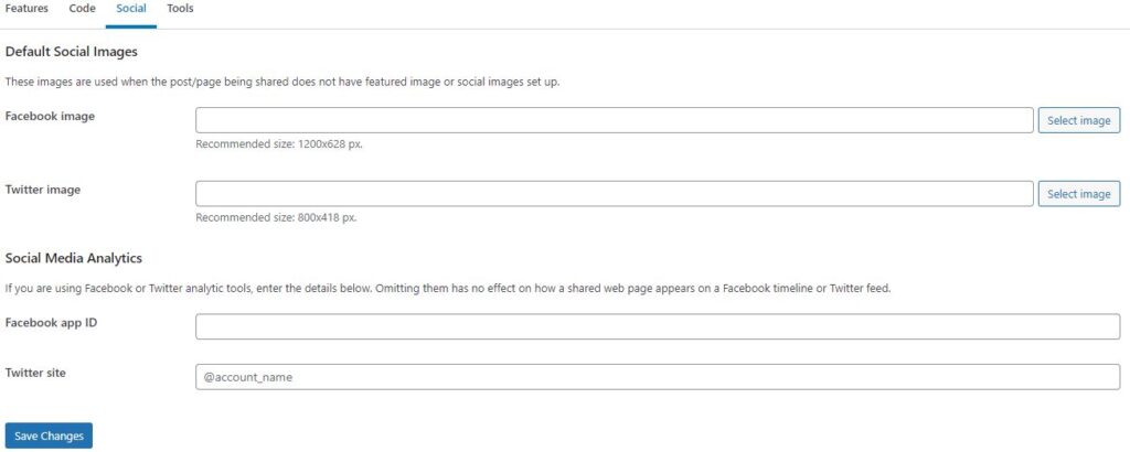 The Slim SEO Social settings allow users to set default images for Facebook and Twitter. 