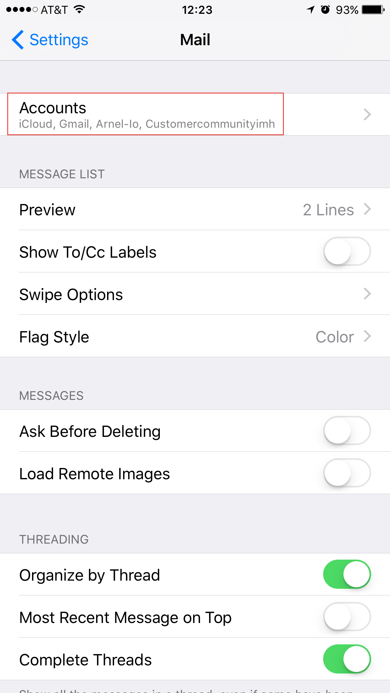 iOS Settings, Mail page on an iPhone, with the Accounts section highlighted
