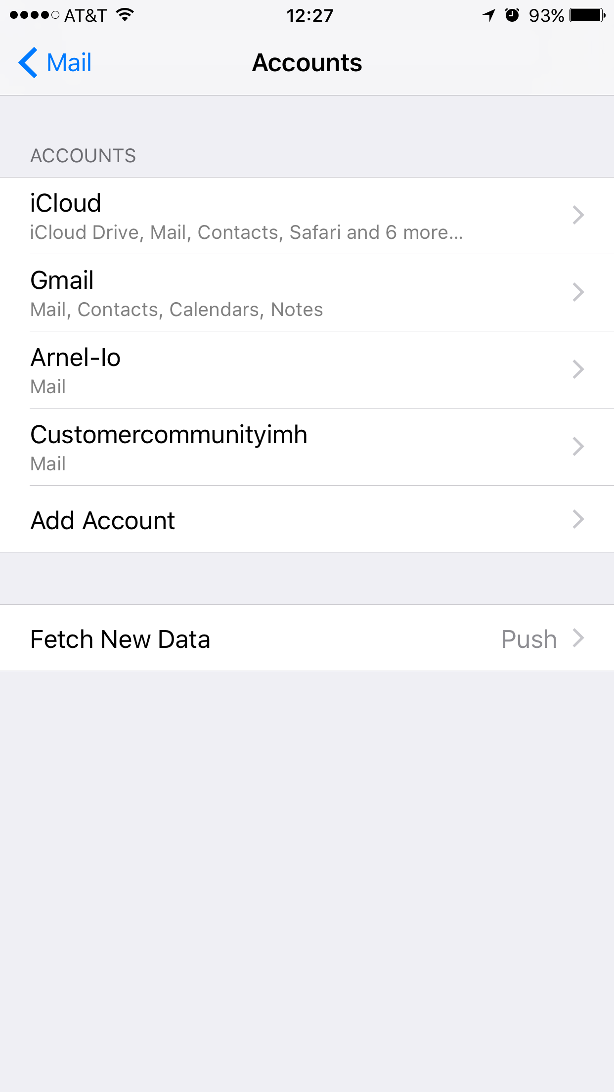 iOS Mail Settings Accounts Page on an iPhone, listing multiple accounts