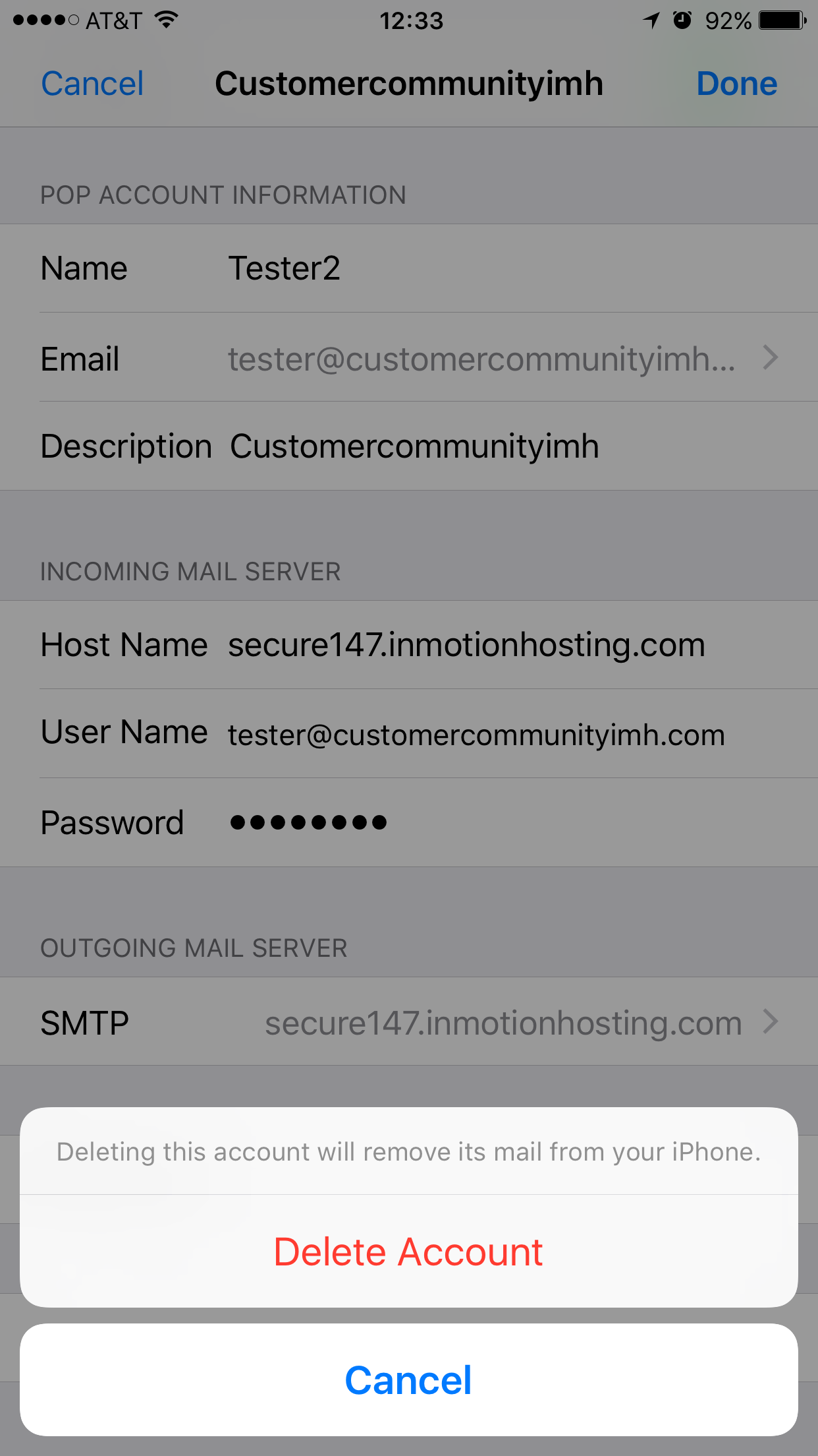 iOS confirmation dialogue for deleting an account from Mail Settings on an iPhone