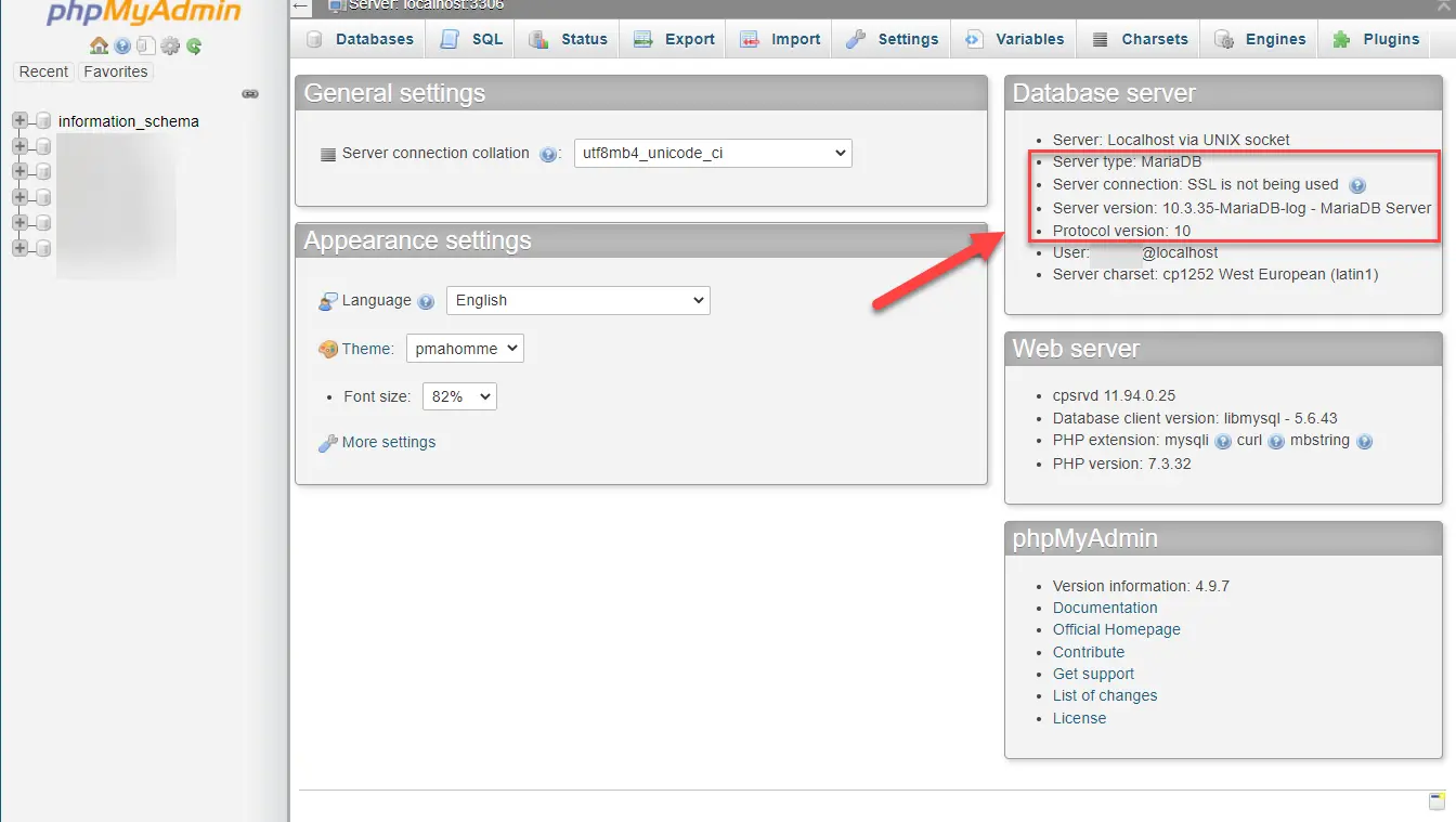 cPanel's PHPMyAdmin, with the area demonstrating the current database version highlighted