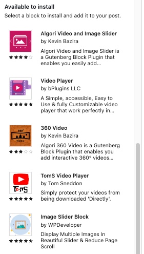 Block plugins available for installation - plugins can be used for embedding videos and additional functionality