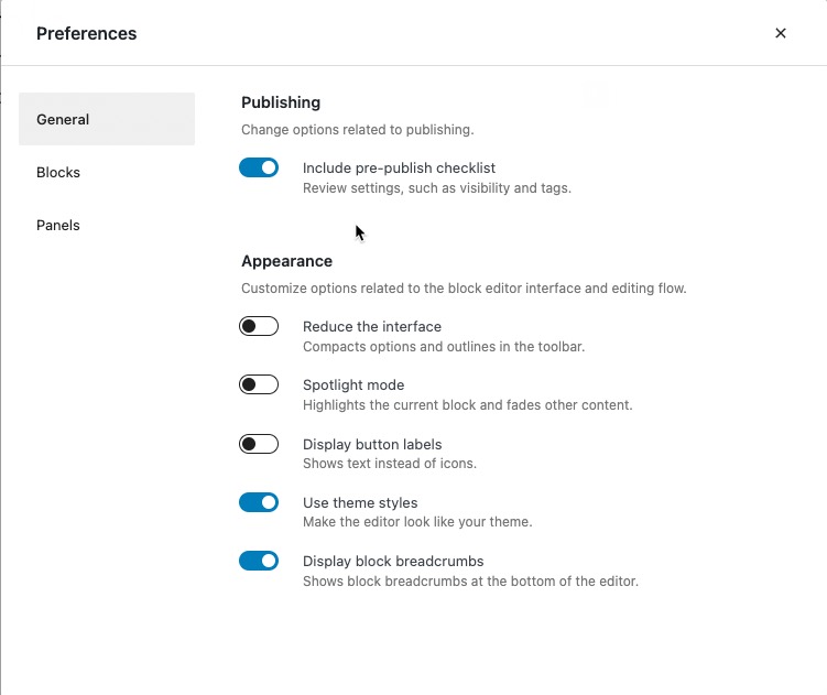 Post or Page editor - general preferences