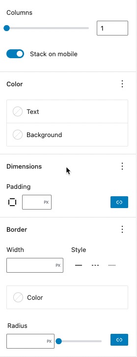 Column properties - settings for the column block in the right column of the editor