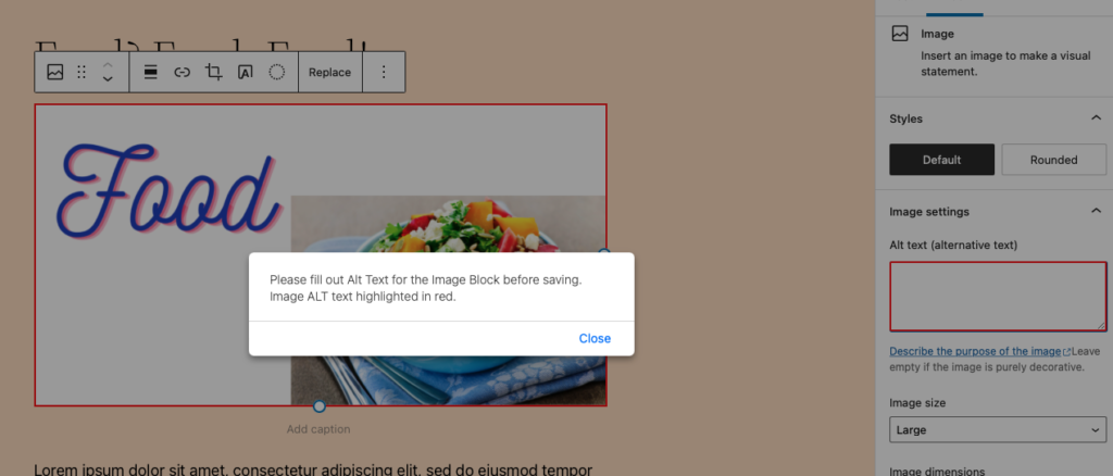 A WordPress edit post page, with an image highlighted. The Fix Alt Text plugin is displaying a popup window reading Please fill out Alt Text for the Image Block before saving. Image alt text highlighted in red. 